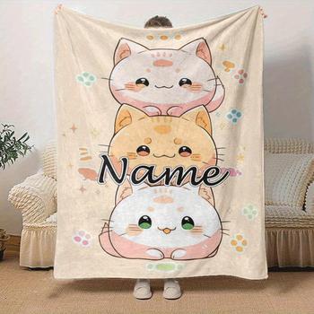 Custom name three cartoon kittens flannel blanket, suitable for sofa, bed, birthdays, children, friends, gifts