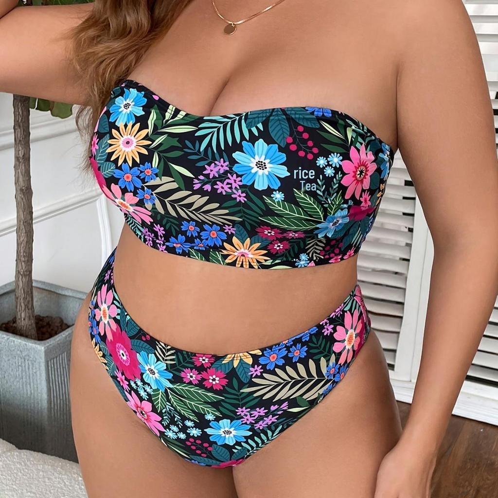 Купальник-бандо с высокой талией большого размера 2024 - Европейский и американский принт