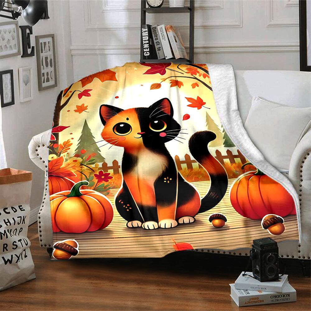 1pc Autumn Cat Print Blanket - Lightweight Flannel Throw Blanket For Sofa, Bed, Living Room, Office, Outdoor Travel, Camping, Soft All-Season103