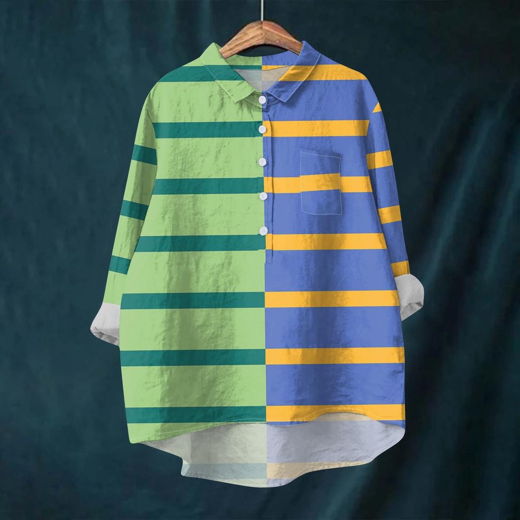 Women's Shirt Blouse Long-sleeved With Buttons Print Casual Hem Irregular Shirt Collar Top