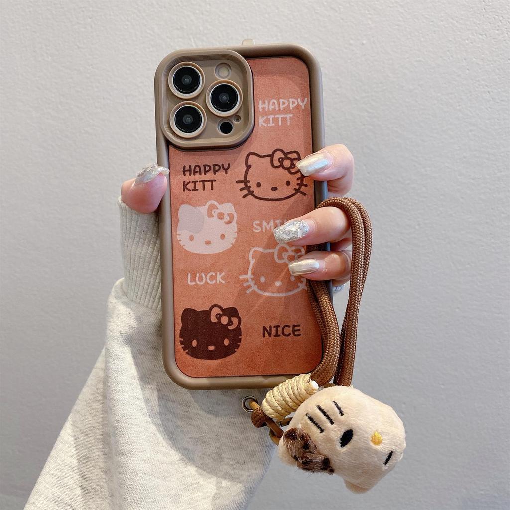 Cute Kt Cat Suitable for Apple 16pro Mobile Phone Case with Bracelet 15 Doll 14 All Inclusive 13 Lanyard Protection Case 7p