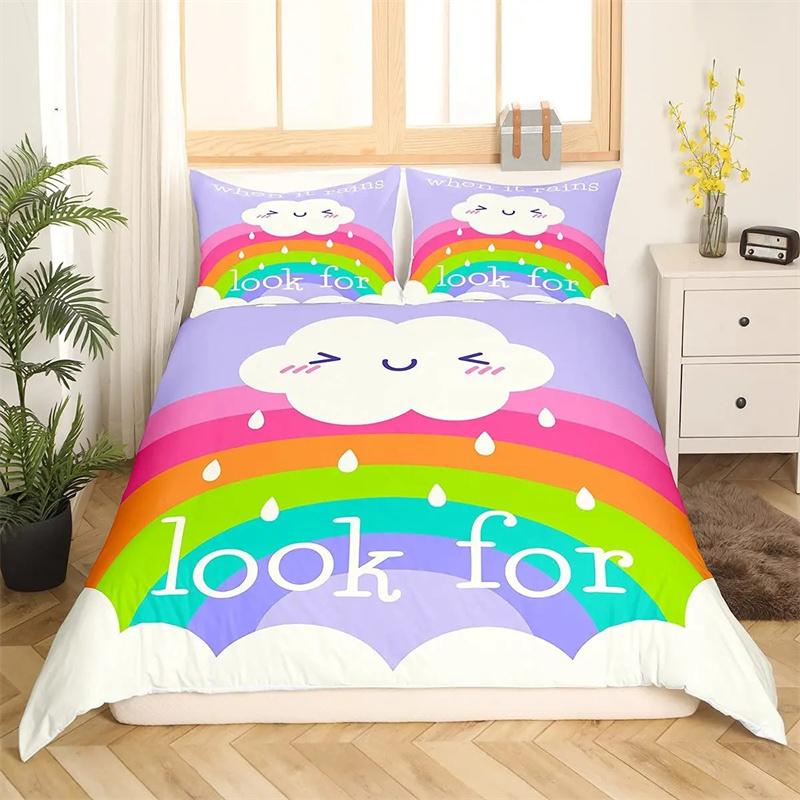 Cartoon Rainbow King Queen Duvet Cover Kids Girls Colorful Clouds Bedding Collection Love Heart Comforter Cover Polyester Quilt Cover
