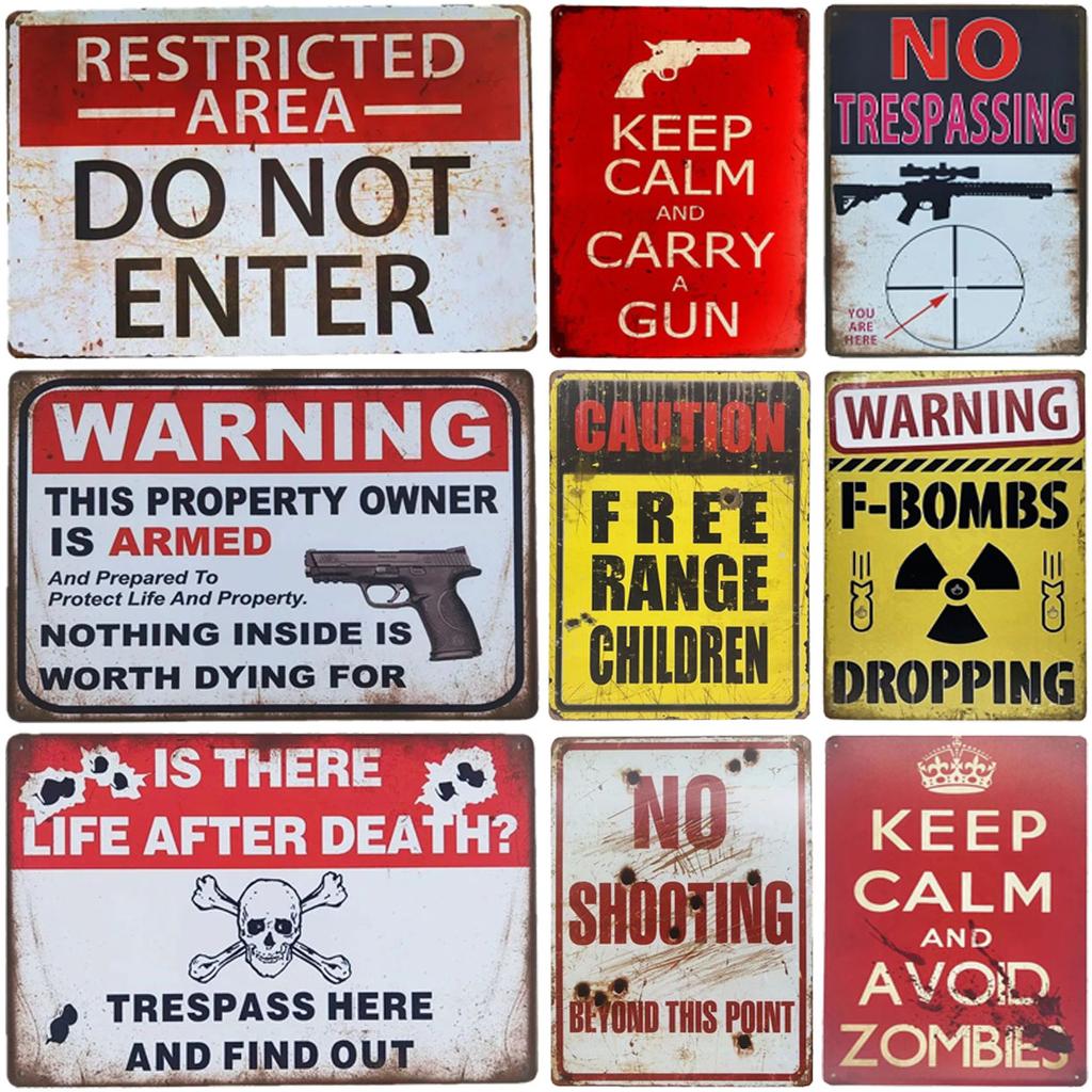 HD Metal Tin Sign Vintage Funny Warning  Restricted Area Wall Decor Retro Gun Zombie Radiation Sign for Home Bar Garage Man Cav