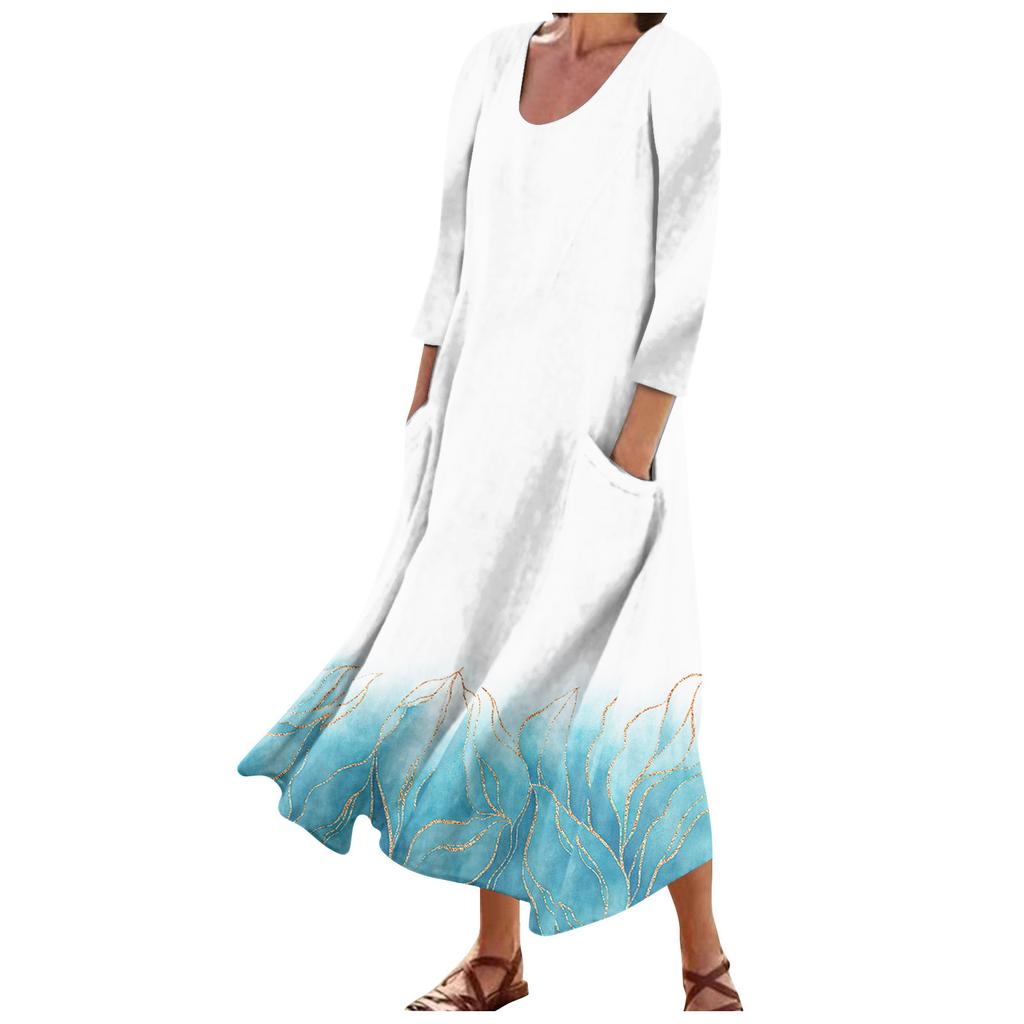 Женское модное повседневное свободное карманное платье с круглым вырезом и рукавами 3/4