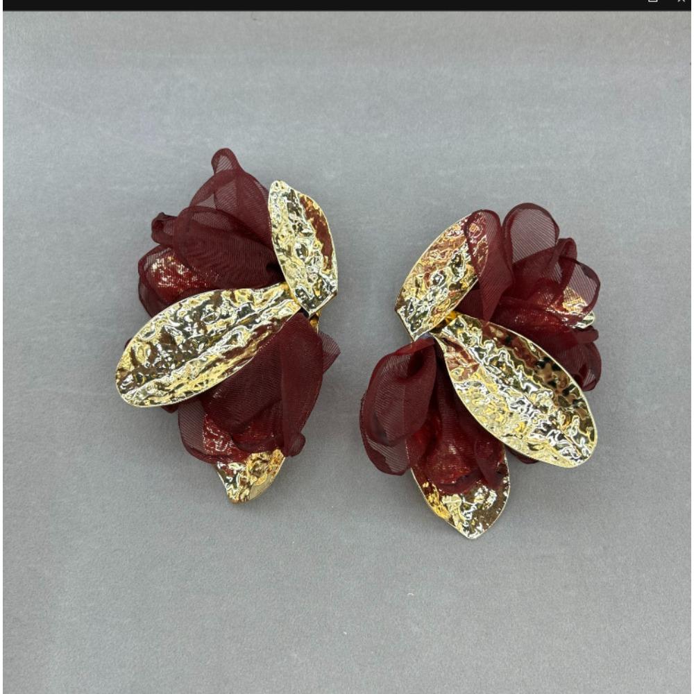 European and American Fabric Chiffon Flower Earrings Light Luxury High-end Earrings Exaggerated Temperament Versatile Earrings Women
