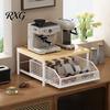 Metal And Wood Organizer Coffee Maker Storage Rack with Drawer, Two Tier Countertop Organizer, Accessory Holder Top Basket for Kitchen Office