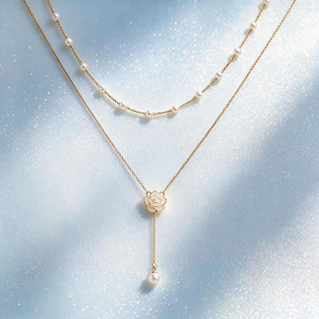 New elegant imitation pearl camellia double-layer tassel necklace for women, versatile daily collarbone chain, niche design neck chain
