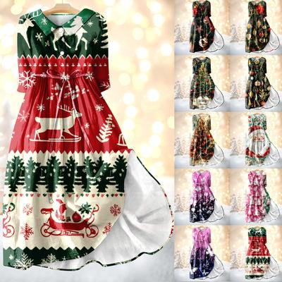 Женское модное платье с рождественским принтом, застегивающееся на пуговицы, с манжетами длиной семь четвертей и бретельками