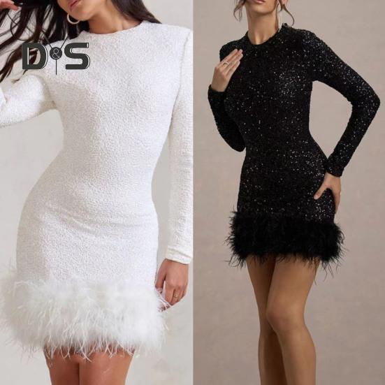 Женское мини-платье с отделкой из пайеток и перьев, сексуальное облегающее платье с длинным рукавом, блестящее коктейльное платье для вечеринки по случаю дня рождения, клубной ночи