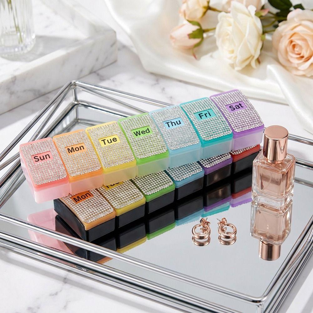 7 Grids Colorful Rhinestone Pill Box Plastic Weekly Pill Box Vitamin Storage Container Fish Oil
