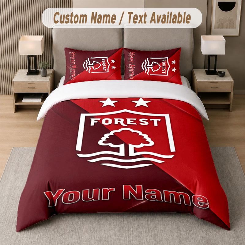 Custom Bedding Set Nottingham Forest FC Pattern, Print Name Text 1 Duvet Cover plus 2 Pillowcases Home Textile