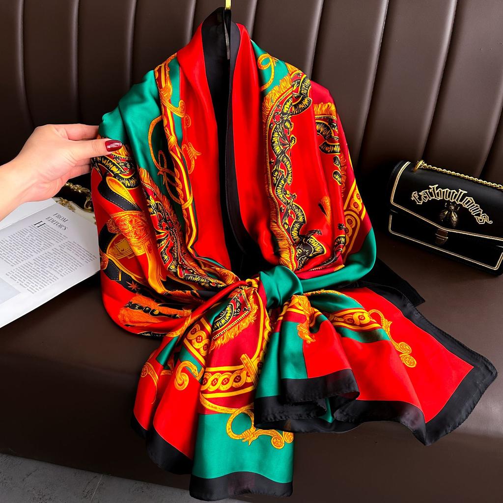 Long Silk Scarf Spring and Summer Thin Style Printed Scarf Beautiful Brocade Lotus Shawl Imitation Silk Scarf Gauze Scarf