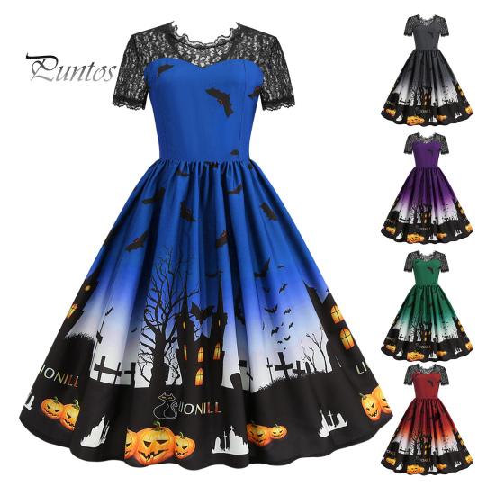 Женское платье для вечеринки на Хэллоуин с ажурным кружевом и круглым вырезом в стиле ретро, А-силуэта, с большим подолом, с принтом летучей мыши в стиле «дом с привидениями», с короткими рукавами, вечернее платье для косплея