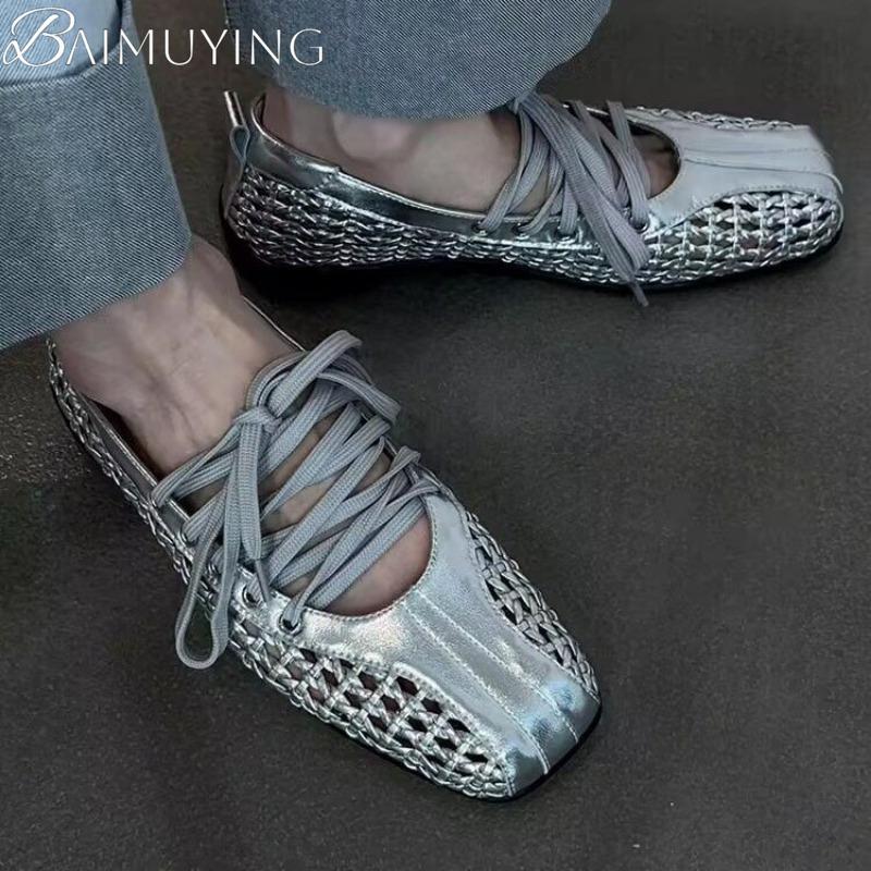 Lace-Up Flats Ballet Shoes Square Toe Weave Women Sandals Sport Casual Sneaker 2025 Trend Summer Shallow Soft Leather Sandalias