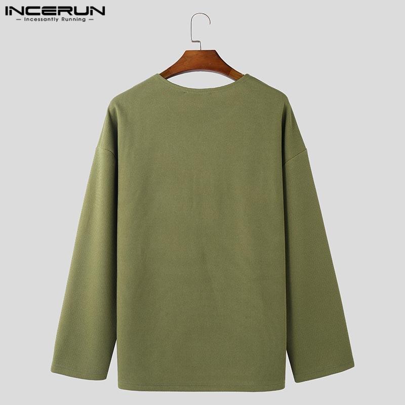 INCERUN Men Round Neck Long Sleeve Texture Waffle Casual Oversized T-shirts