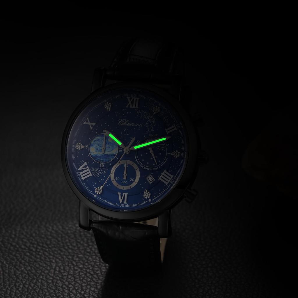 Watch Genuine Leather Strap Van Gogh Starry Analog Calendar Leather Strap Waterproof Quartz Watch Black Fashion Watch Day Birthday Christmas Day Gift