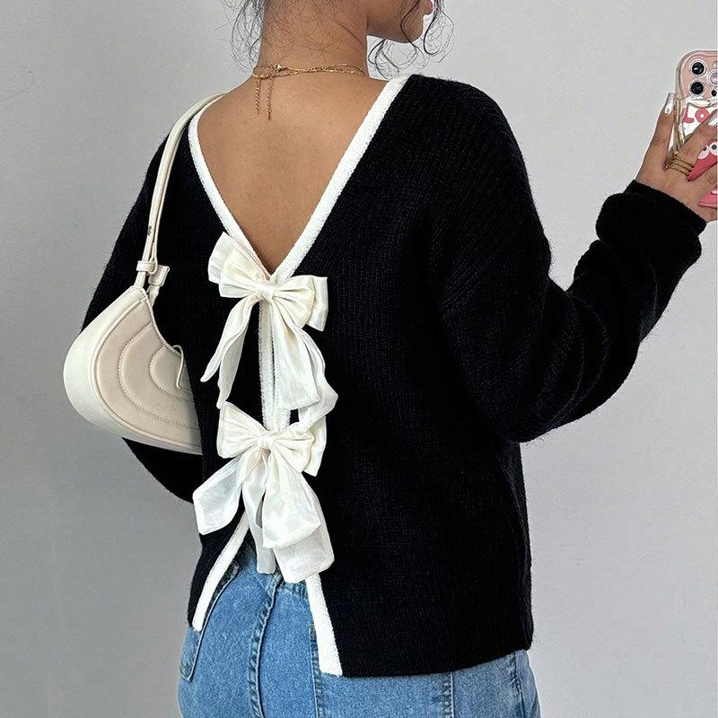 Women's Round Neck Long Sleeve Knit Sweater Loose Fit Casual Pullover with Back Bow