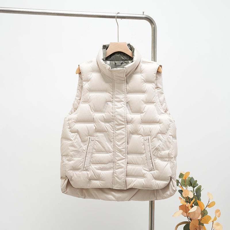 Осень и Зима Женский Флисовый Жилет на Утином Пуху Женский Свободный Стойка Воротник Карманы Теплый Стеганый Пуховик Без Рукавов