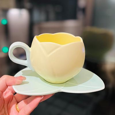 Керамические кофейные кружки, чашки для чая какао, стильные кофейные кружки, дизайн в виде розового тюльпана, подарок на день рождения, керамическая чашка для кофе латте с тарелкой