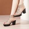 Real Soft Leather High-heeled Sandals Women's Summer Outer Wear Soft-soled Mid-heeled Hollow Women's Shoes Thick-soled Non-slip Fashion Fish Mouth