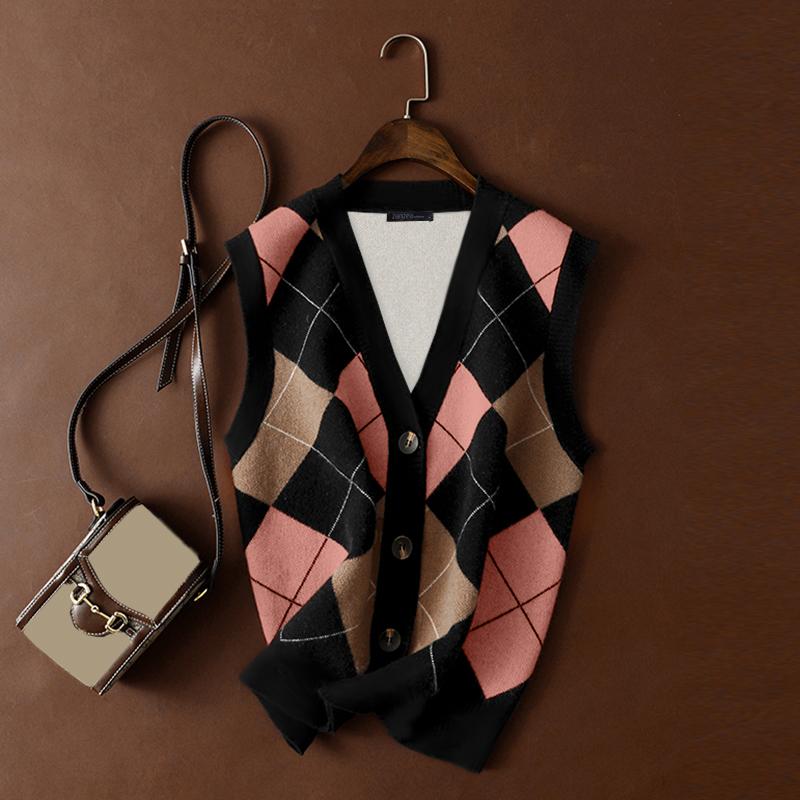 ZANZEA Женские осенние вязаные жилеты с круглым вырезом без рукавов в контрастную клетку