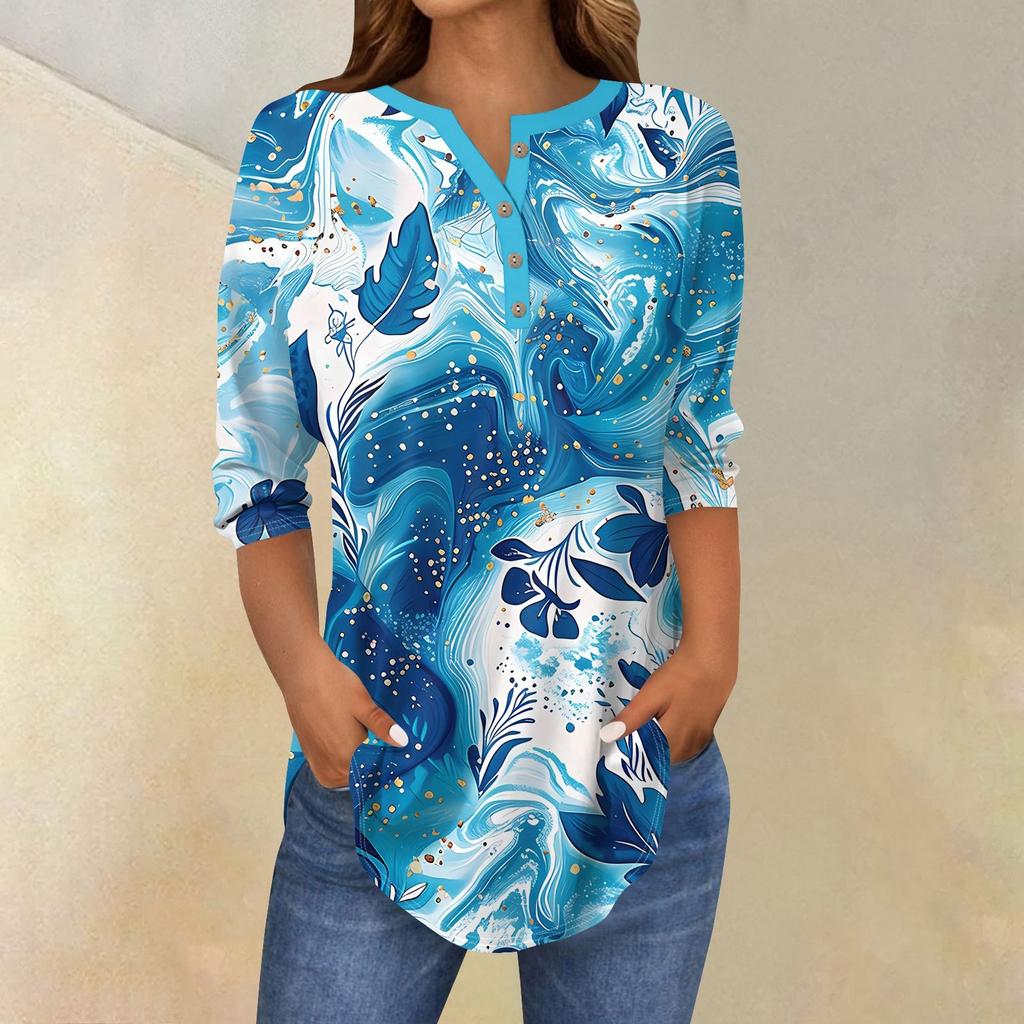 Рубашки с рукавом 3/4 для женщин, модные, повседневные, с круглым вырезом, с принтом, футболка, топ
