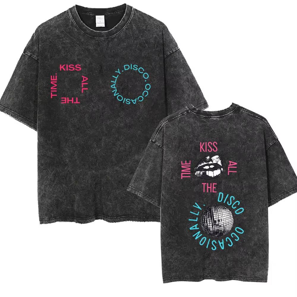 Kiss All The Time Disco Occasionally Washed Vintage T-shirts Fans Gift Men Women Fashion Pop Music Streetwear Male Oversized Tee