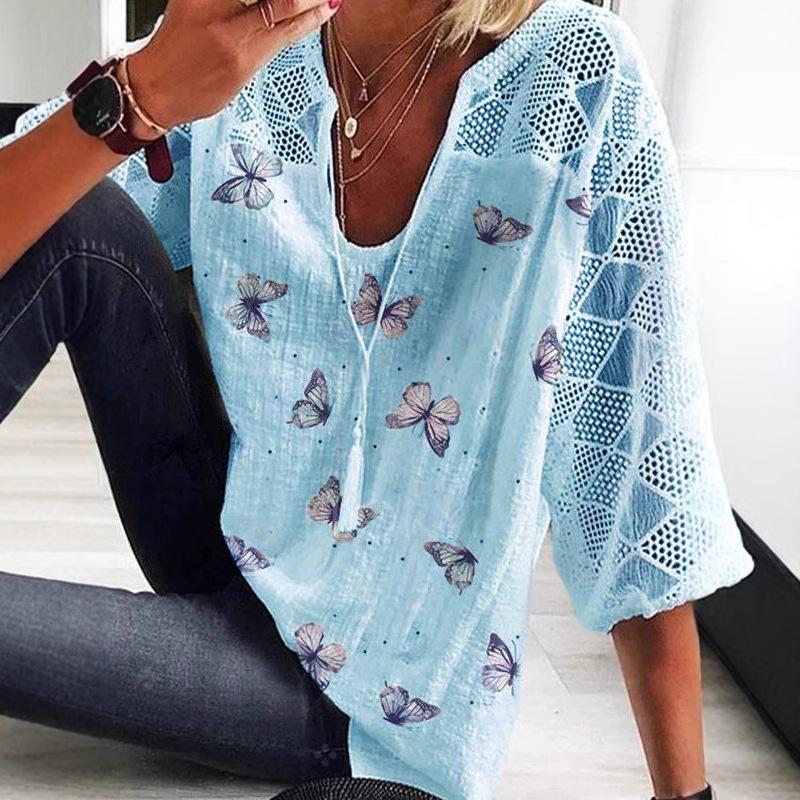 Женский летний топ с V-образным вырезом и принтом бабочек 2025 года