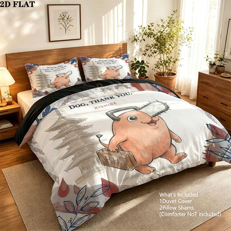 Chainsaw Man Pattern Bedding Quilt Set Quilt Cover Pillowcase Home Birthday Gift(1 * duvet cover + 2 * pillowcase, without core)