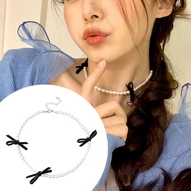 Women Ribbon Clavicle Chain Choker Imitation Elegant Y2K Bowknot Necklace Pearl Sweet Goth Black Accessories
