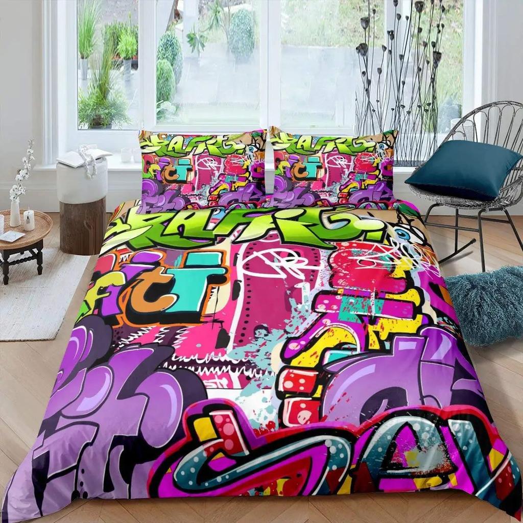 Rock Music Graffiti Duvet Set, Hip Hop Art Bedroom Supplies Quilt Set Three-Piece Set