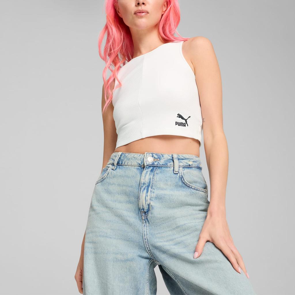 Puma Классический рубчатый кроп-топ однотонный с коротким рукавом круглым вырезом принтом логотипа бренда жилет женские топы белый 626625-02