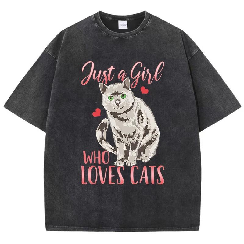Просто девушка, которая любит кошек Принт для женщин Футболки с эффектом потертости Летние футболки стираные Дышащие футболки Мягкая милая одежда
