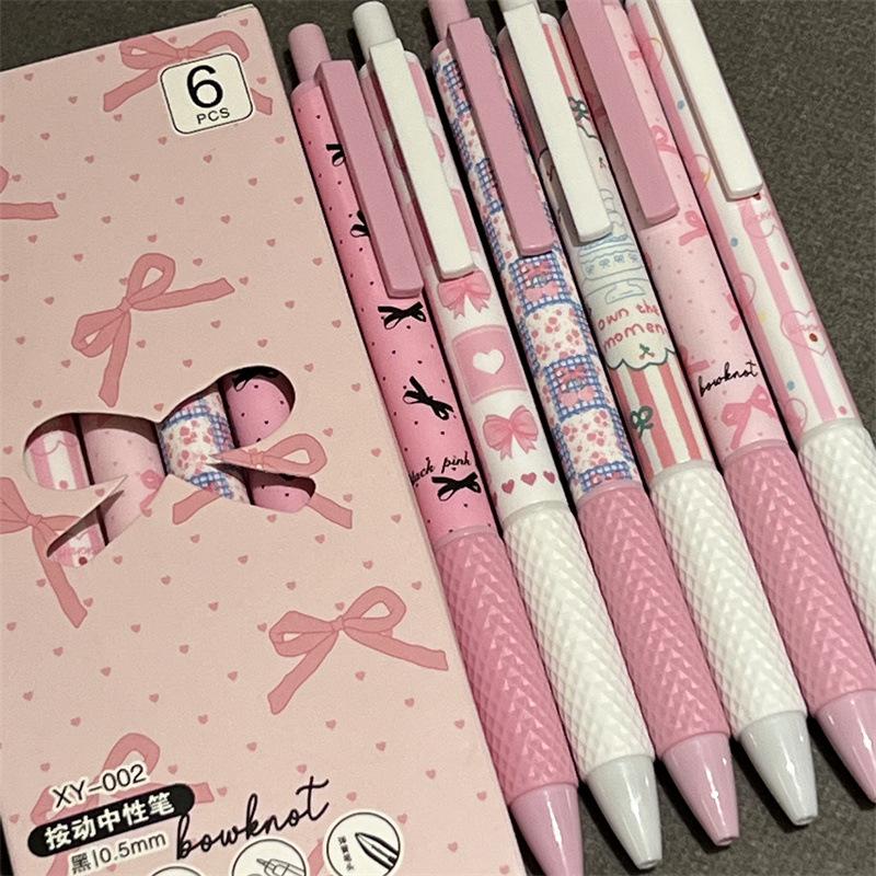 6pcs/box Sweet American Pink Color Gel Pens for Kids Cream Bow Cake Dessert Stationery Gel Pen 0.5mm Black Ink Pen for Writing