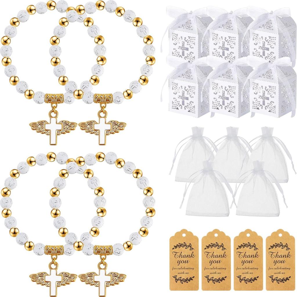 10pcs Baptism Gift Set with Angel Cross Prayer Bracelet and Thank You Tags Baptism Favor Boxes Stylish Baptism Supplies