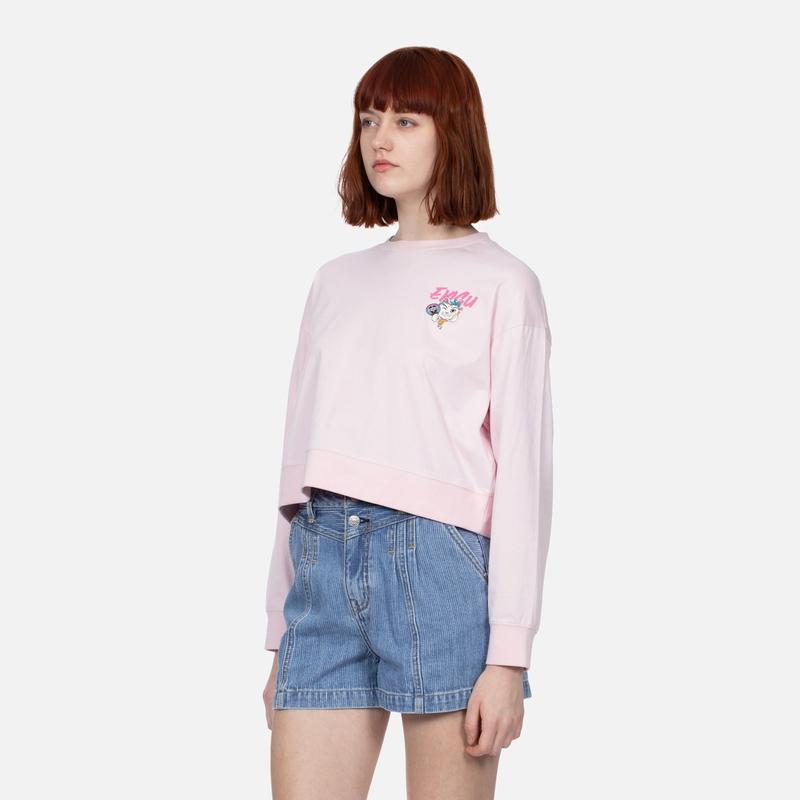 Evisu SS24 Счастливый Кот и Семья Цветок Логотип Принт Лонгслив Футболка Женские топы Розовый 2ESHTW4TL4031CPCT