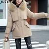 BITCED Women's Winter Mid-Length Cotton Coat with Fleece Lining, Large Fur Collar, Plus Size, Short Waist-Defining Jacket