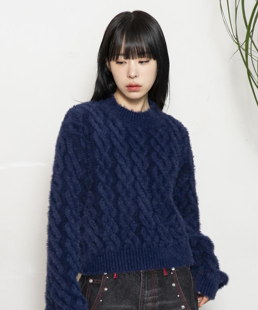 RuNaKi'Hu' Wxk014 Loose Cable Knit Pullover Hairy Knit (Dark Navy)