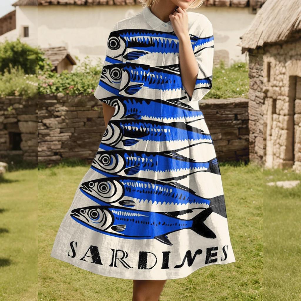 Dress For Women Elegant Casual Smocked Button Lapel Short Sleeve Knee Length Dress