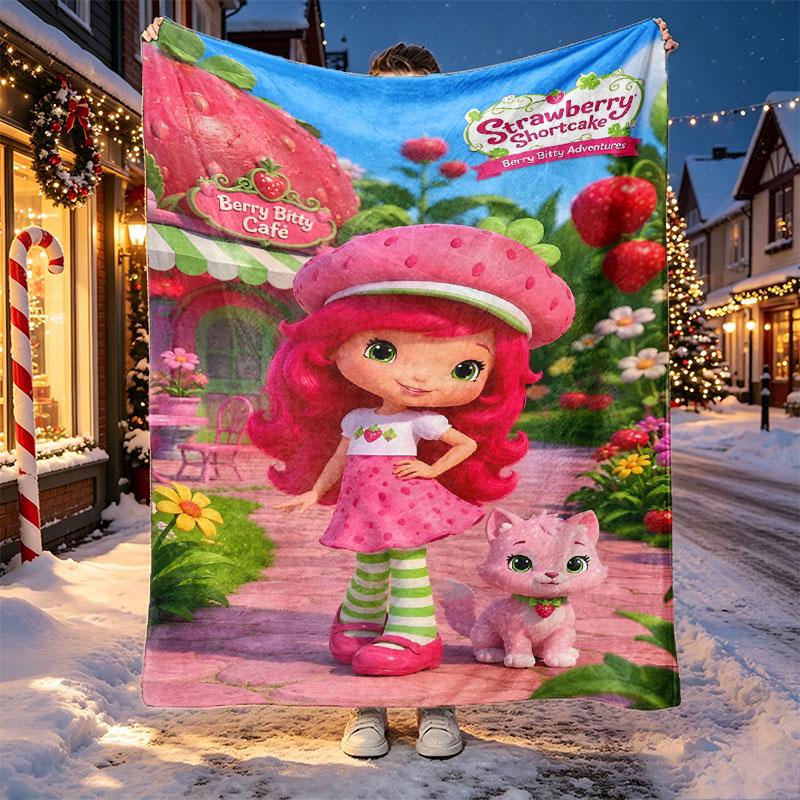 Strawberry Shortcake Pattern Blanket for Home Decoration, Bed, Sofa, Car Travel, Camping, Suitable for All Seasons, Birthday Christmas Gift