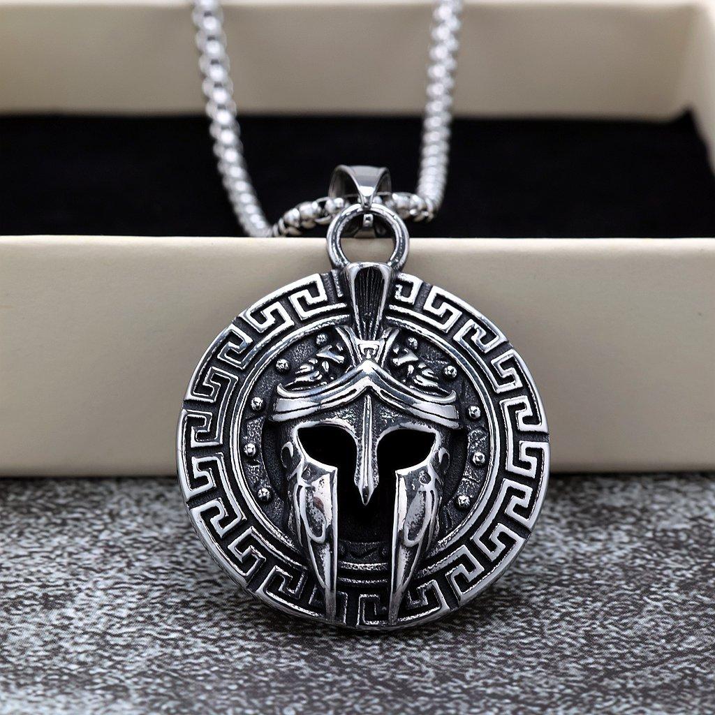 Antique Spartan Warrior Mask Stainless Steel Mens Pendant Necklace Single Sided Design
