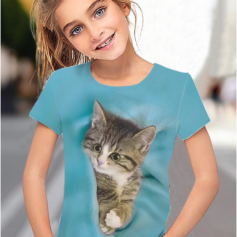 Детская одежда Футболка для девочек с коротким рукавом 3D принт с изображением мультяшного кота Детская летняя одежда Модная милая одежда для девочек Топы из полиэстера