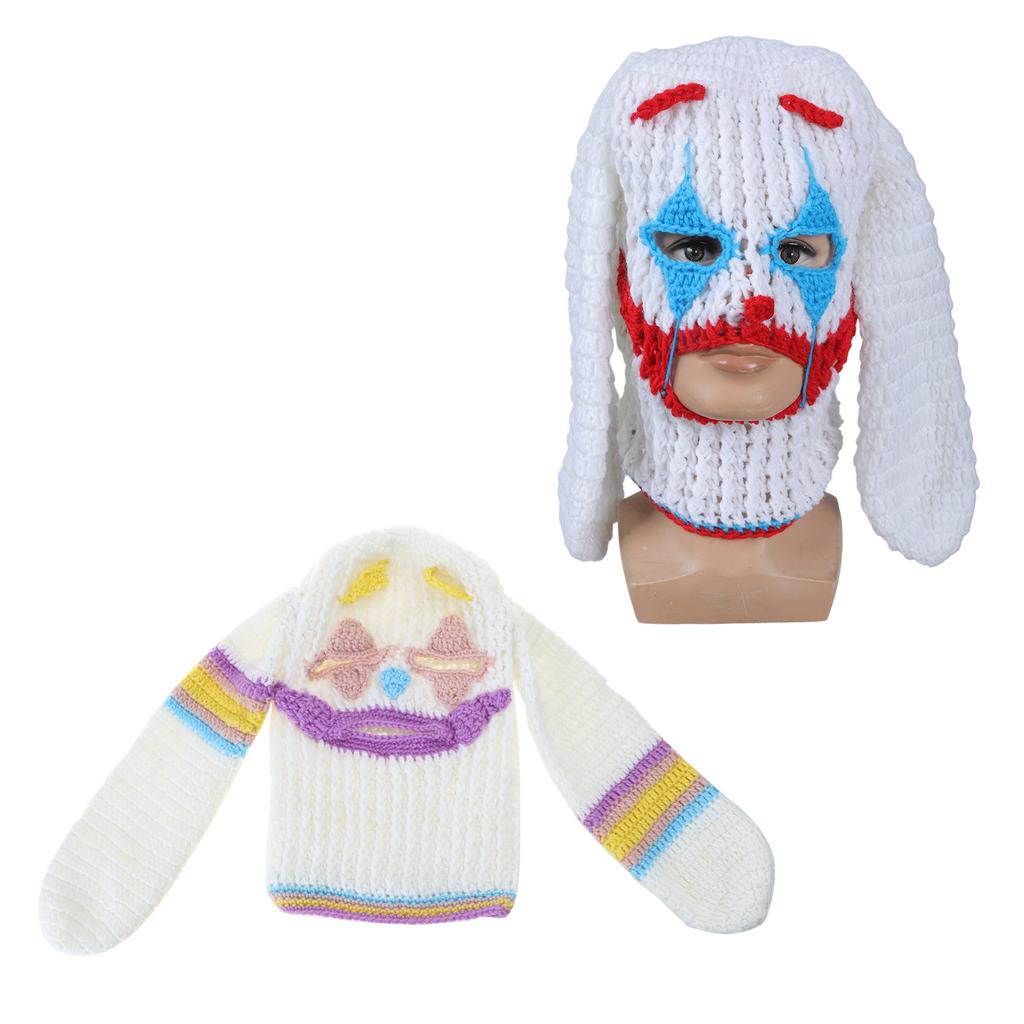 Rabbit Ears Evil Clown Hat Handwoven Balaclava Cap Novelty Party Hat for Girl Boys Knit Mask Hat Accessories