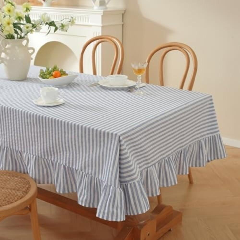 Vertical Striped Table Cover Ruffle Trim Rectangular Tablecloth Farmhouse Tablecloth Wedding Decor