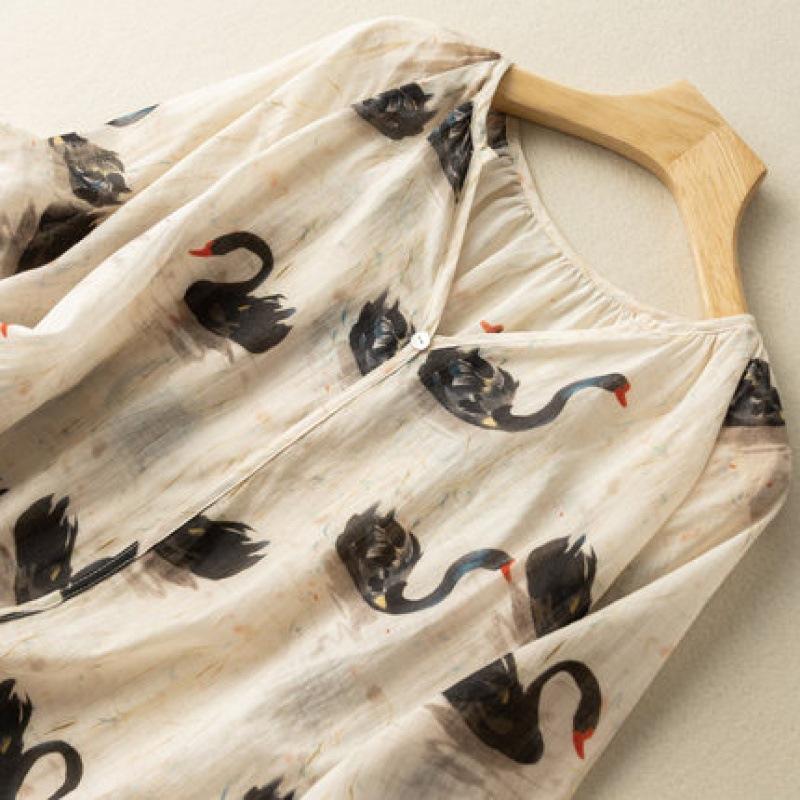 Летняя литература свободная хлопковая льняная рубашка с принтом V-образным вырезом и рукавами пять четвертей женская рубашка-пуловер