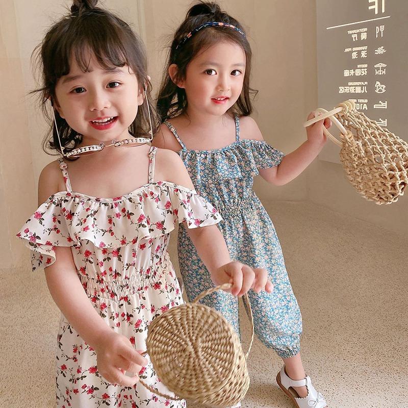 Комбинезоны для девочек в западном стиле Net Celebrity, цельная одежда без бретелек с цветочным принтом, детские комбинезоны