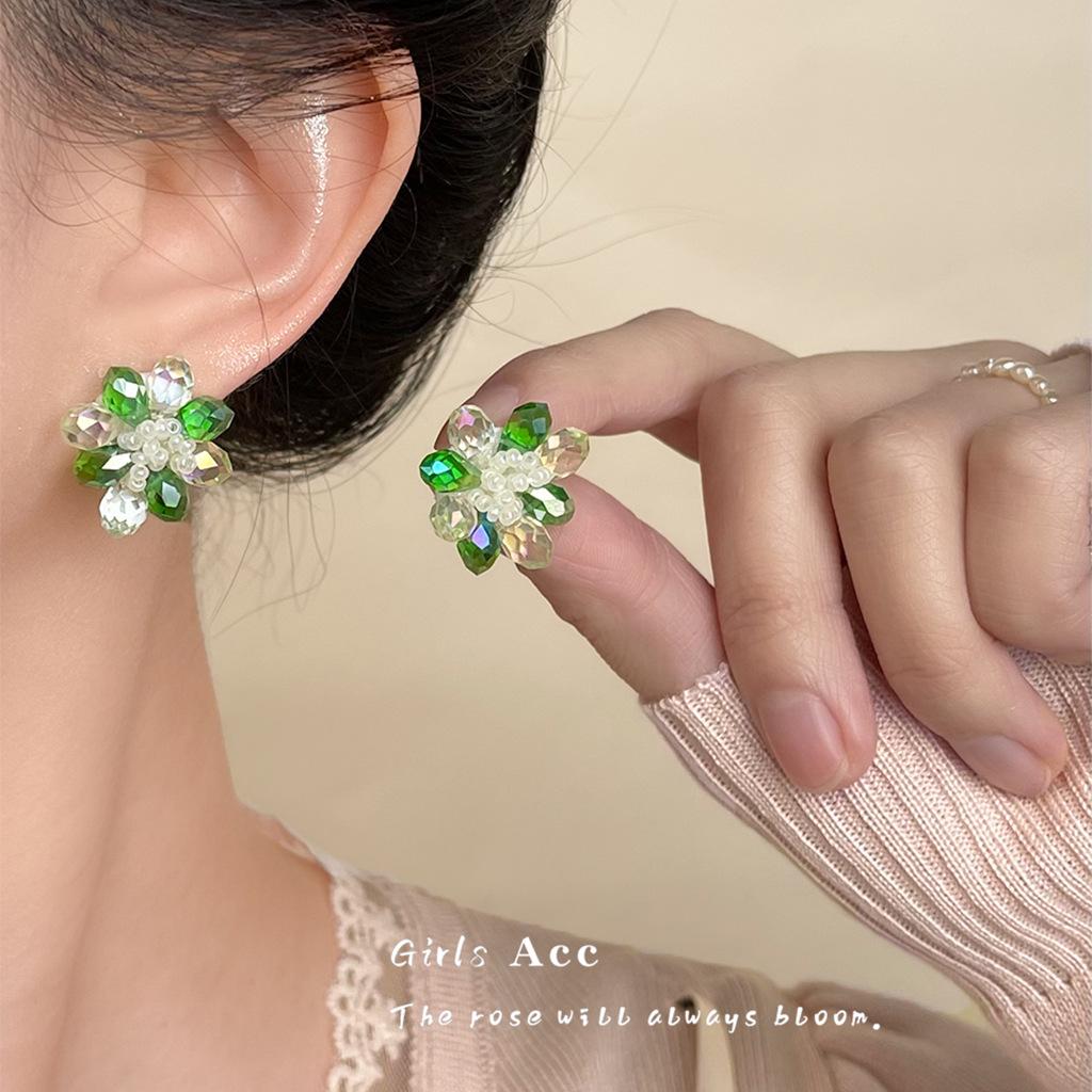 Green Floral Earrings - Japanese Korean Sweet Tea Series, High-End Whitening Ear Accessories