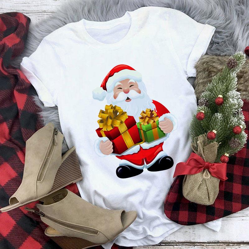 Cute Reindeer T Shirt Women Fashion Christmas Harajuku Short Sleeve T Shirt White Suitable All Seasons
