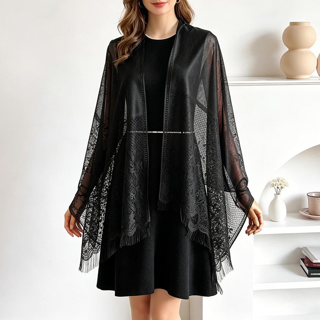 Women Lace Splicing Headscarf Shawl Lightweight Sheer Wrap Elegant Open Front Cover Up for Daily and Formal Wear