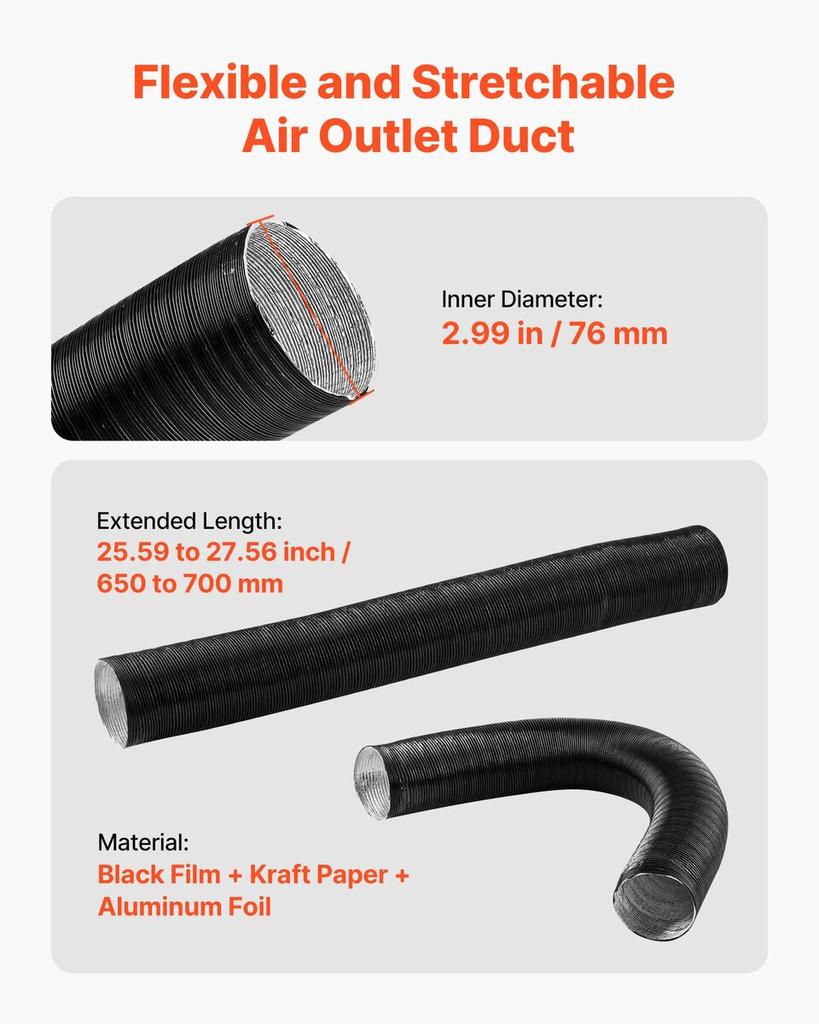 Diesel Heater Pipe Duct Vent Kit, 75mm Heater Pipe Warm Air Outlet Vent Set with Y-Shaped Connector & Air Duct Clamps, Parking Heaters Air Ducts Vent